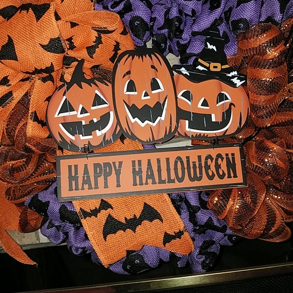 BURLAP JACK-O'-LANTERN BLACK CAT HALLOWEEN WREATH - Picture 5 of 5